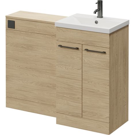 Napoli 390 Cento Light Oak 1100mm 2 Door Vanity Unit Toilet Suite with Glide Basin - 1100mm - Gunmetal Grey 160mm HandleWithout Kingston Toilet Pan