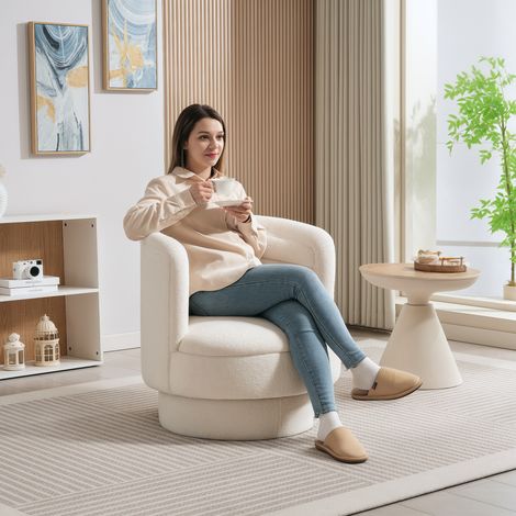 Fauteuil pivotant rembourré, blanc crème, la chambre, pour le salon, fauteuil salon moderne avec cadre en caoutchouc (1/4)