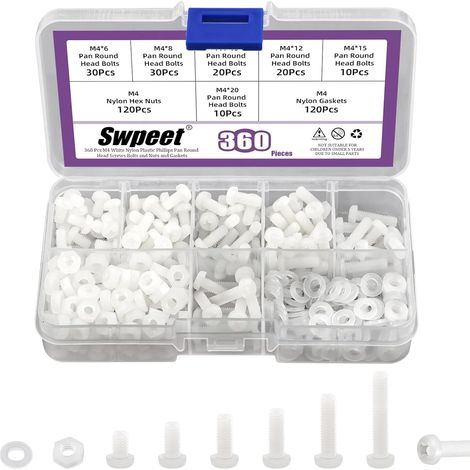 Lot de 360 vis à tête ronde Pan en nylon blanc M4 avec écrous hexagonaux et joints, kit de assortiment, vis à tête ronde Phillips Cross Pan en plastique, longueur 6/8/10/12/15/20 mm (1/5)
