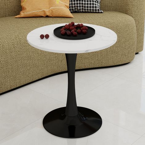 Table basse noire 27,6 pouces, table à manger style mid-century moderne pour 2-4 personnes, plateau rond en marbre veiné blanc, idéale pour divers espaces. (1/5)