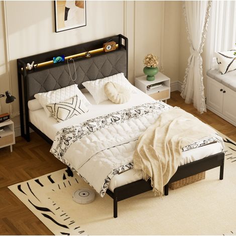 Cama 140x190 con cabecero tapizado, LED, 2 enchufes CA y 2 puertos USB, negro y gris OKMYHOME (1/5)