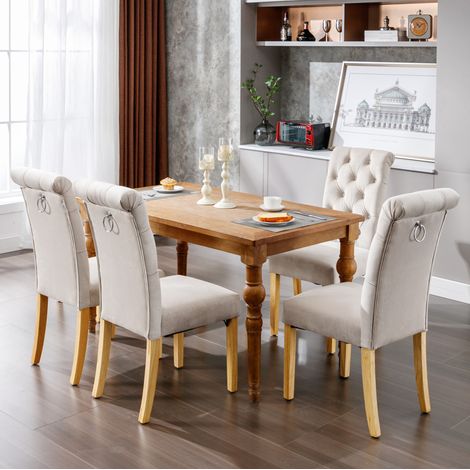 MEUBLIV Lot de 4 chaises de salle à manger en velours beige – dossier capitonné et pieds en bois (1/5)