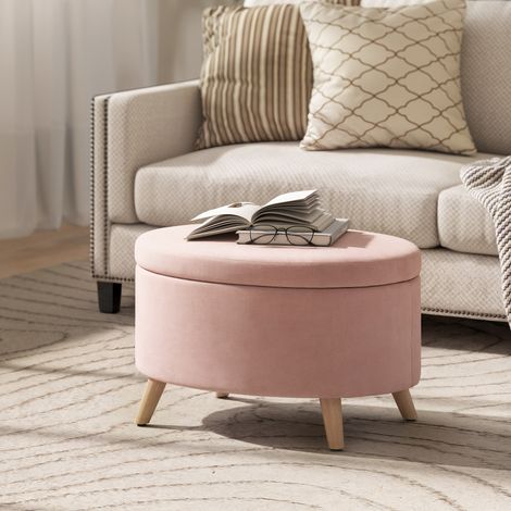 Puff Almacenaje Ovalado Banco Almacenaje 71x51,5x42 cm Tapizado en Terciopelo con Patas de Madera Maciza Rosa Claro (1/5)