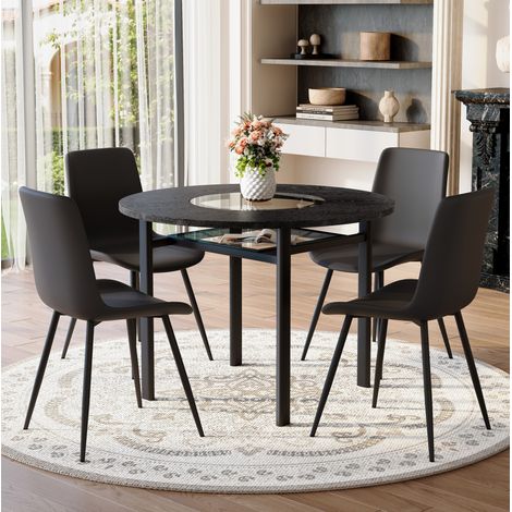 Set tavolo rotondo minimalista con 4 sedie nere in PU, tavolo rotondo da 100 cm effetto legno nero (1/5)