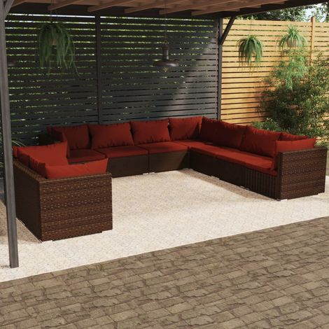 9-tlg. Garten-Lounge-Set mit Kissen Braun Poly Rattan (1/5)