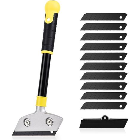 Grattoir Vitre avec 10 Lames, Grattoir Peinture avec 12inch Long Manche, Lames en Acier Au Carbone 125mm, pour Carrelage, Papier Peint, Colle, Miroir, La Table de Cuisson (1/5)