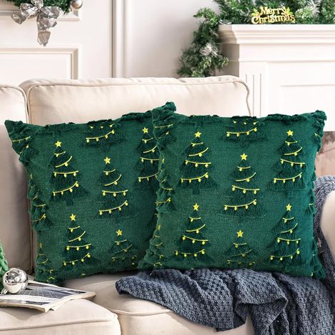 Christmas Tree Pillow Covers 18x18, Set of 2 Green Christmas Tree Decorations (1/5)