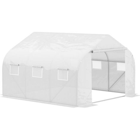 Serre Tunnel de Jardin 10,5 m² dim. 3,5L x 3l x 2H m Porte + 6 fenêtres enroulables Acier galvanisé bâche PE Haute densité Blanc (1/5)