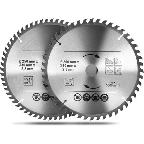 Lot de 2 lames de scie circulaire 250 x 30 mm, lame de scie circulaire en métal dur 48T & 60T TCT sah, alésage pour bois naturel, bois dur, contreplaqué (1/5)