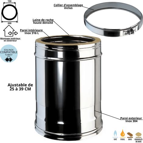 Edilinox – Élément réglable conduit double paroi isolé 150mm – Inox 304/316 – Isolation laine de roche 25mm – T600 – Montage pression T200 jusqu'à 5000 Pa (1/3)