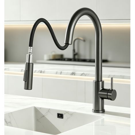 Duschparadies Küchenarmatur mit ausziehbarer Brause Hochbogen Wasserhahn Einhebelmischer 360°Schwenkbar 2 Strahlarten Edelstahl Gunmetal Grau (1/5)
