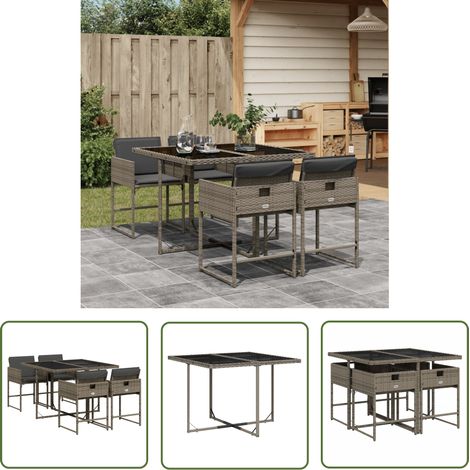 The Living Store 5-tlg. Garten-Essgruppe mit Kissen Grau Poly Rattan - Gartengestell - Gartenmöbelset - Outdoor Möbel - Terrassenmöbel - Esstisch (1/5)