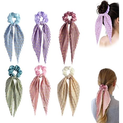 Lot de 6 bandeaux à long nœud - Élastiques à cheveux noués avec long ruban - Accessoires pour chignon, queue de cheval et usage quotidien - 6 couleurs multicolores (1/5)