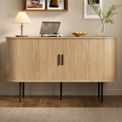Meuble de rangement salon 140 x 40 x 78 cm, armoire basse MDF avec portes coulissantes à rideau, poignées aluminium et pieds fer, Bois naturel