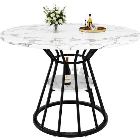 CHICFURN Tavolo da pranzo rotondo 100x100x76 cm in MDF effetto marmo e metallo nero con ripiano (1/5)