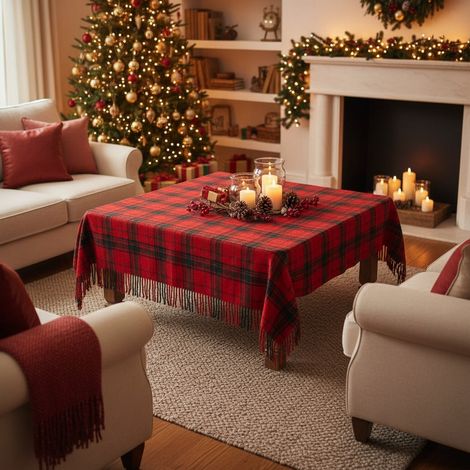 Tovaglia scozzese in cotone per decorazioni natalizie da 140 x 240 cm -Rosso / Modello 2 (1/5)