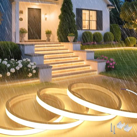 10m Neon Ruban LED Exterieur 220V Sans Transformateur, Silicone Néon Bandeau Led Etanche Ignifuger IP65 Bande LEDs Sans Fil Flexible Blanc Chaud 3000K Découpable Pour Cuisine, Chambre (1/5)