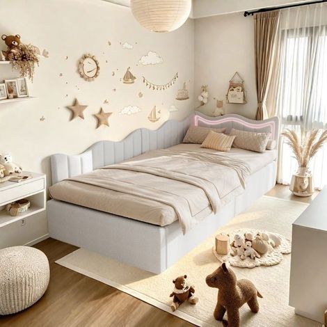 Kinderbett 90x200 cm mit Stauraum, Einzelbett mit LED, Schlafsofa, Lattenrost inklusive, Stoff, Weiß