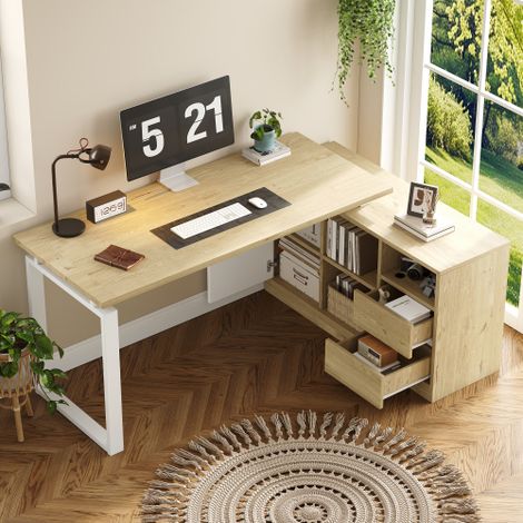 152 × 113,5 × 76, bureau en L, avec 2 tiroirs, 3 étagères ouvertes, 1 armoire fermée, étagères réglables, couleur bois naturel + blanc (1/5)