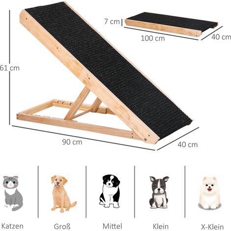 Rampe d'accès réglable pour chien et chat, plan incliné en pin massif avec revêtement antidérapant en polyester, dimensions 90 x 40 x 61 cm, escalier pratique pour animaux à mobilité réduite. (1/5)