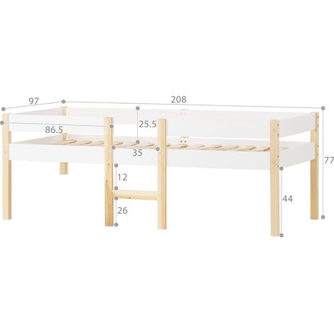 Lit enfant 90x200 cm avec barrière de protection, blanc pin massif et chêne