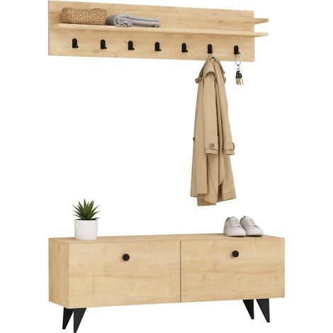 Mobile da Ingresso Serina, Appendiabiti, 2 Ripiani, Apertura a Ribalta, 113x35x49h cm Marrone Rovere