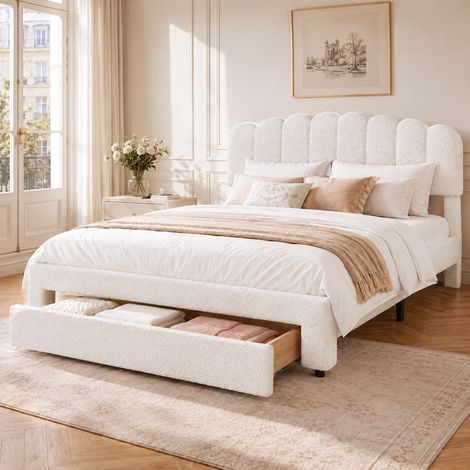 Cama de matrimonio 160x200 cm con cajón de almacenaje y puertos de carga USB y Type-C, tela de lino, somier de láminas, cabecero ajustable, Beige