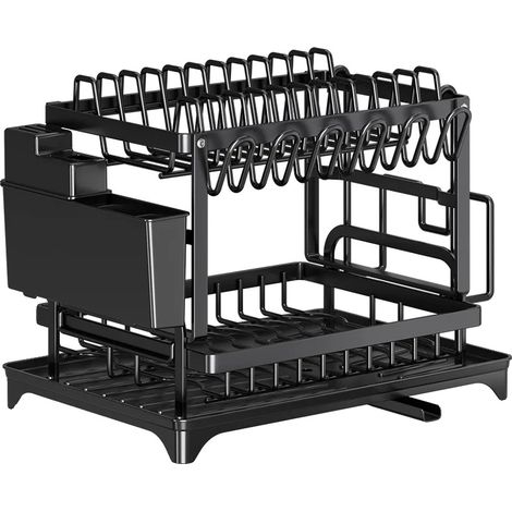Escurridor de platos, diseño autodrenante, solución de almacenamiento compacta, negro (1/2)