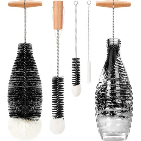 Brosse de nettoyage pour bouteilles, lot de 4 goupillons longs pour nettoyer les tubes en verre étroits, les verres à vin, les tasses à thé et à café, les gourdes de sport-AquaForge (1/5)