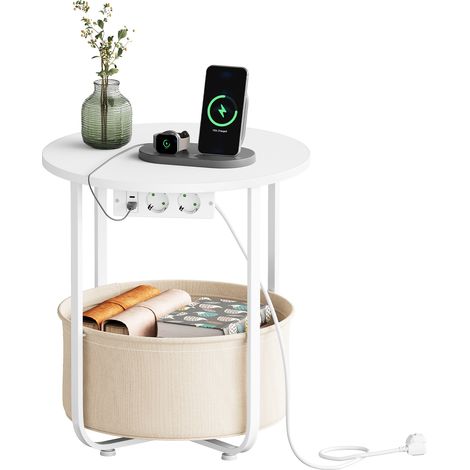 WOLTU Table d'Appoint avec Station de Charge, Petite Table Basse Ronde, Ø45xH50 cm, Blanc+Beige