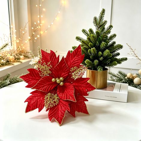 Weihnachtsdekorationen, Weihnachtsstern, Goldpuder, Perlen-Weihnachtsbaumzweige, bunte Stoffblumenköpfe, DIY-Dekorationen