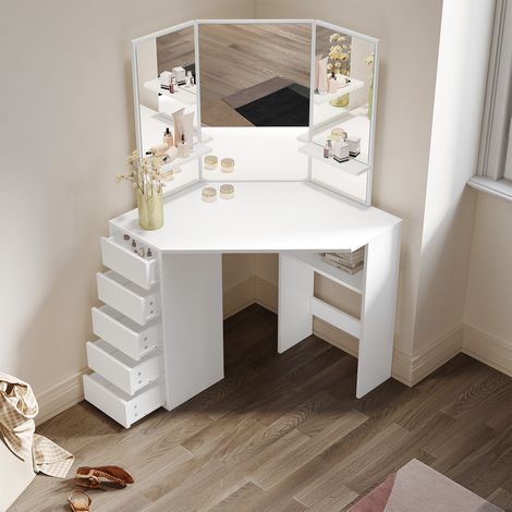 ELEGANT Bedroom Furniture Corner Dressing Table Makeup Desk with 3 Large Mirrors 5 Drawers, White Single Table (1/10)