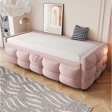 Ausziehbares Schlafsofa 90/180x190 cm Rosa aus Lammfell-Optik mit Lattenrost (1/5)