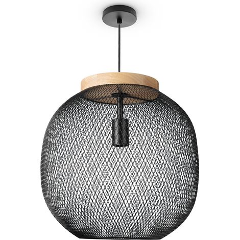 Paco Home Suspension Lampe Salle À Manger Lampes En Osier Métal Cuisine Industrie E27 Lampe à suspension - Type 2, Noir-Bois (Ø40 cm)