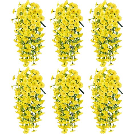 Set de 6 fleurs suspendues artificielles, ipomée jaune 75 cm, extérieur, balcon, UV, soie (1/5)