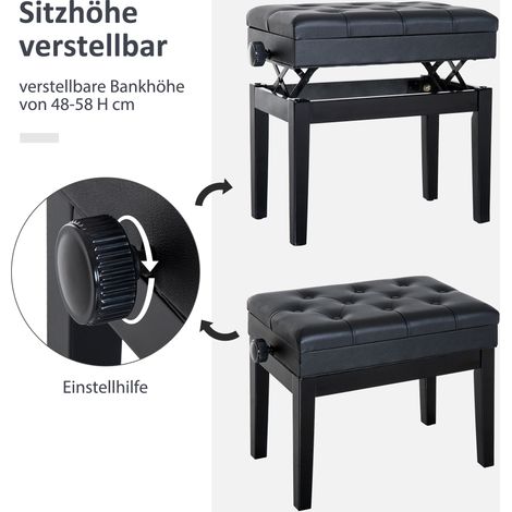Tabouret de piano réglable en hauteur avec rangement, pieds en bois, assise en similicuir noir, pour salle de musique, charge max 200 kg, 54,5 x 33 x 48-58 cm (1/5)