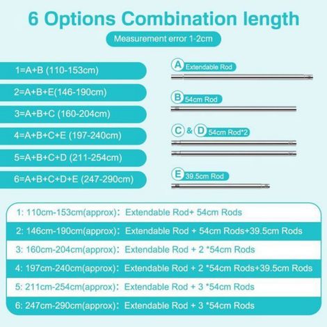 1 Tringle rideau, Extensible 110-290 cm, Acier inoxydable, Sans perçage, Fenêtre Salle de bain (1/5)