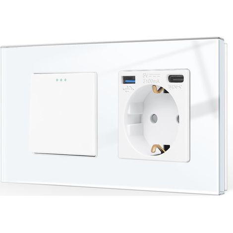 [PRODUIT RECONDITIONNE] CNBINGO Interrupteur à bascule avec prise Schuko et ports USB Type-A et Type-C intégrés, verre trempé, blanc, encastrable