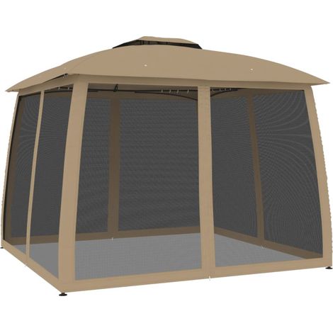 Tonnelle avec double toit et parois en filet taupe acier