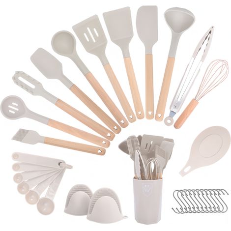 12 Pièces Ustensiles de Cuisine en Silicone, Manche en Bois, Résistant à la Chaleur, pour Poêles Antiadhésives (1/5)