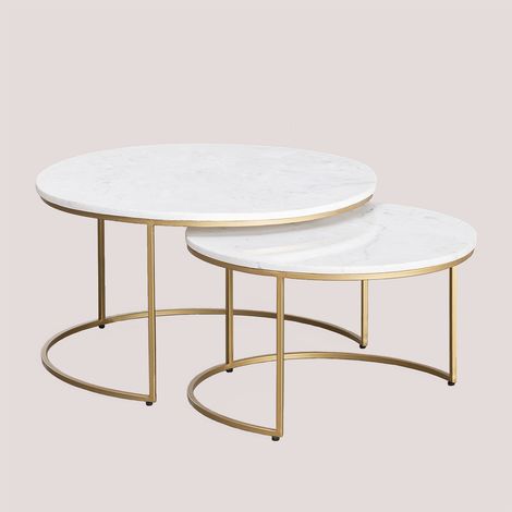 Sklum – Tables gigognes en marbre – Ensemble de 2 pièces – Plateau en marbre naturel – Pieds en acier – Style vintage raffiné – Dimensions 35,5-41,5cm x 60-76cm