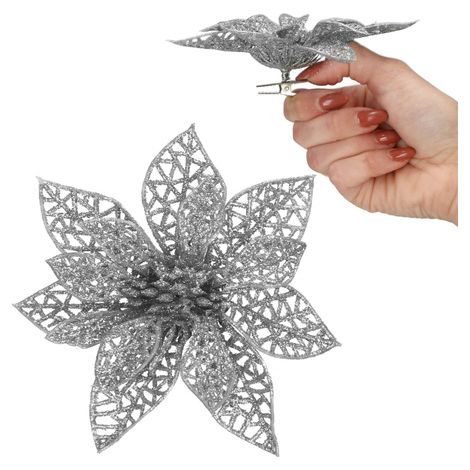 Fiore artificiale, Stella di Natale traforata, argento in glitter (1/5)