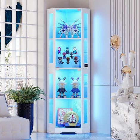 JOOKGBD–Glasvitrine mit intelligentem Bewegungssensor und LED-Beleuchtung,2 Glastüren,4 Böden,für Sammlungen,Wohnzimmer,Schlafzimmer,Büro,weiß