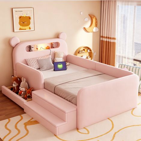 Lit coffre 90x200 cm - Avec tête de lit en forme d'ours avec LED et USB - En cuir PU - Rose (1/5)