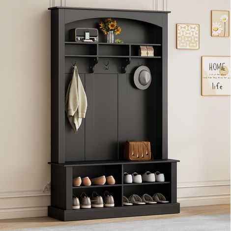 Meuble d'entrée avec banc, porte-manteau et range-chaussures en MDF noir 120 x 40 x 190 cm OKWISH (1/5)