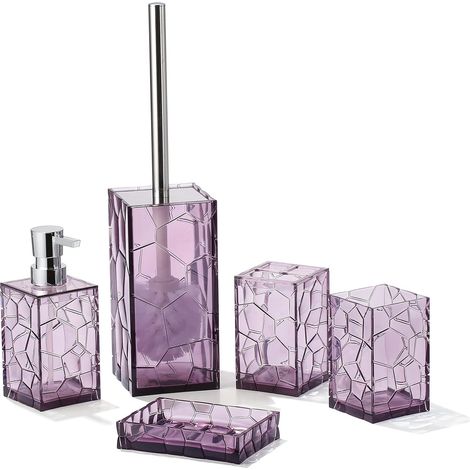 Lot de 5 Accessoires de Salle de Bain en Acrylique Transparent, Anti-Rouille, Comprend Un Distributeur de Savon, Un Porte-Brosse à Dents, Une Tasse, Un Porte-Savon et Une Brosse WC (Violet Lavande) (1/5)