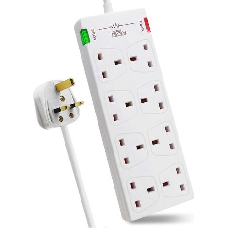 La prise est livrée avec un câble blanc 3G de 2 mètres de long (1,25 mm), un voyant d'alimentation, une prise de sécurité enfant et un voyant de surtension. (1/5)