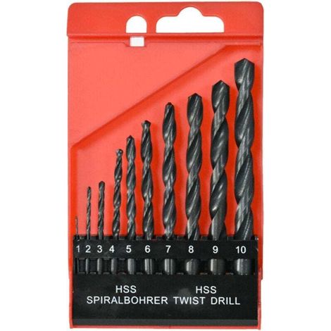 Set mit 10 Bohrern von 1 bis 10 mm, inklusive Spiralbohrern für Holz, und einem robusten Koffer. Holzbearbeitungswerkzeug für Hart- und Weichholz (schwarz).