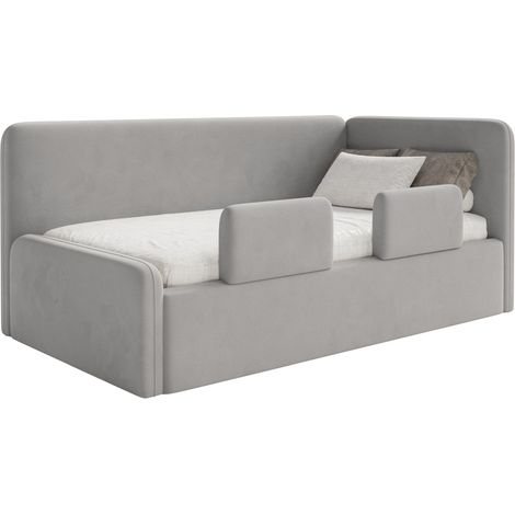 Selsey Fanko – Kinderbett 90x200 cm mit Rausfallschutz, Matratze, Kopfteil rechts, Samt,Hellgrau
