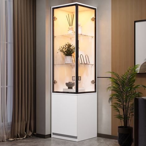 Vitrine d'angle, 40x40x160 cm, avec 2 portes en verre et vaisselier avec éclairage LED RVB, style moderne, pour salon et séjour, blanc (1/5)